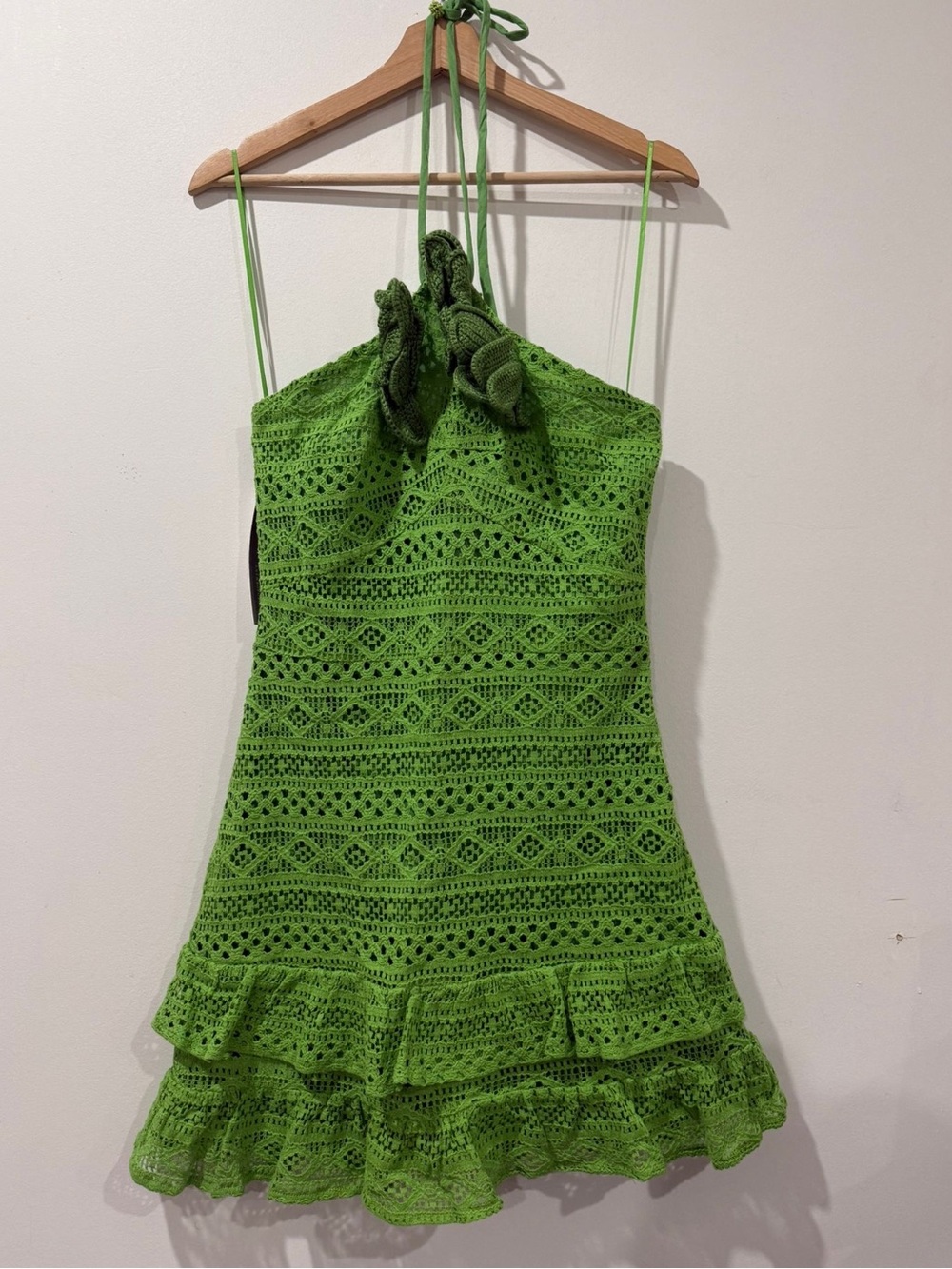 Farm Rio for Anthropologie Green Crochet Floral Halter Mini Dress Size M NWT - Picture 11 of 15